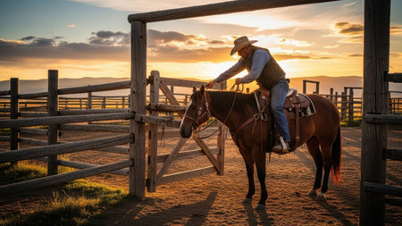 Caucasian adult male cowboy riding horse at sunset in corral.の素材