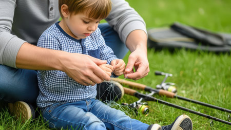 Caucasian male child fishing setup with adult in nature outdoors learning experience.の素材