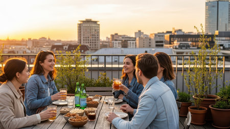Young adults enjoying rooftop gathering at sunset with drinks and snacks.の素材