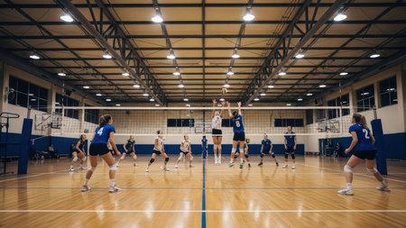 Women's competitive volleyball match in indoor gymnasium.の素材