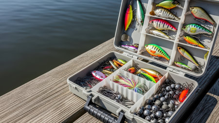 Colorful fishing tackle box with lures and hooks by waterfront.の素材