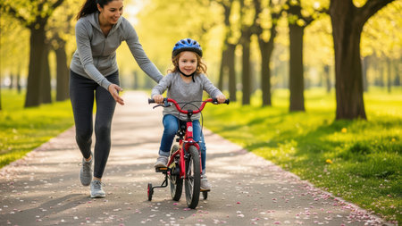 Young caucasian woman teaching child to ride bike with training wheels in park.の素材