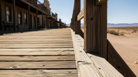 Deserted western town boardwalk under clear blue sky.の素材
