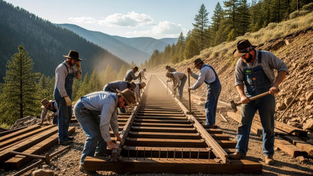 Caucasian males building railroad in mountainous landscape with pine trees and blue sky.の素材
