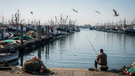 Elderly man fishing at bustling harbor with boats and seagulls.の素材