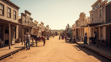 Historic western town with cowboys and wooden storefronts in sunlit desert setting.の素材