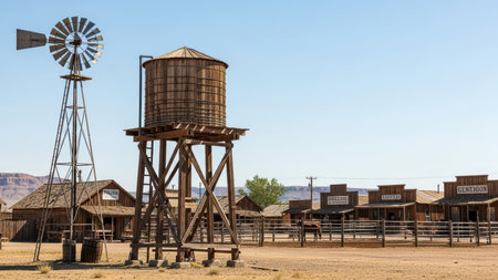 Old western town with windmill and water tower.の素材