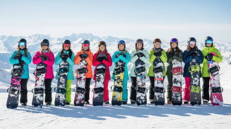 Group of adult female friends snowboarding on a sunny mountain.の素材