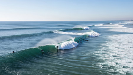 Surfers riding ocean waves on a clear day.の素材