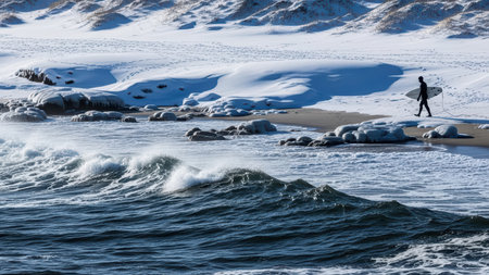 Surfer walking along snowy beach with crashing waves in winter landscape.の素材