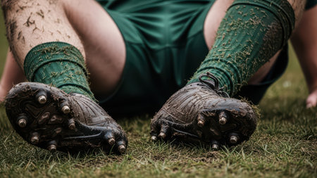 Muddy soccer cleats on grass field worn by male teen player.の素材