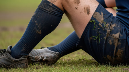 Mud-covered soccer player in blue kit resting on field.の素材
