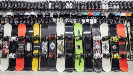 Diverse snowboard collection displayed in sports store with helmets and boots on shelves.の素材