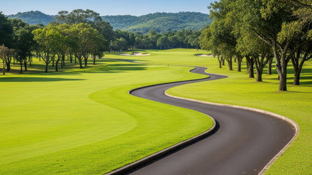 Scenic curved path through sunlit golf course with mountains and trees.の素材