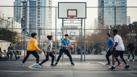 Young multiracial group playing basketball outdoors on urban court.の素材