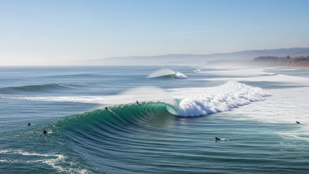 Surfers riding majestic waves on a sunny day at scenic beach.の素材