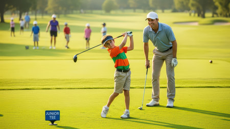 Young caucasian boy playing golf with adult male instructor on sunny course.の素材