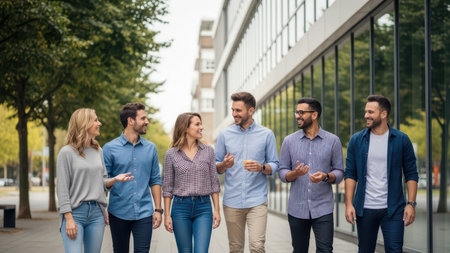 Diverse group of young adults walking and talking in urban setting.の素材