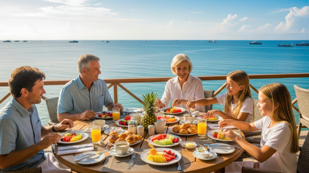 Family enjoying breakfast by the ocean: caucasian adults and teen girls dining outdoors.の素材