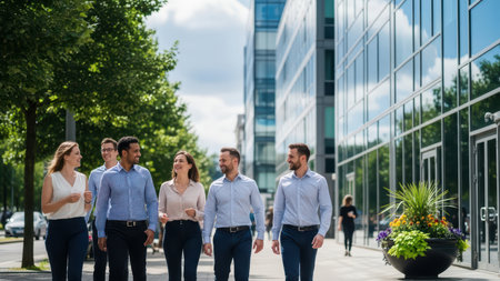 Diverse group of young professionals walking outside modern office building.の素材