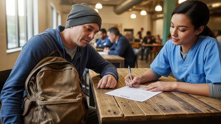 Community support center: hispanic male and female discussing assistance form.の素材