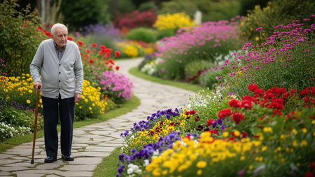 Elderly caucasian male walking along colorful garden path with cane.の素材