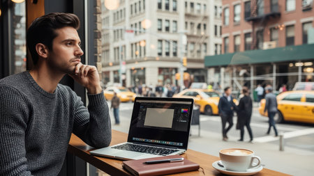 Thoughtful individual in cafe with laptop overlooking busy street scene.の素材