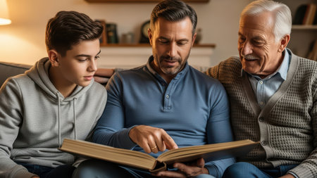 Three generations of caucasian family reading book together on couch at home.の素材