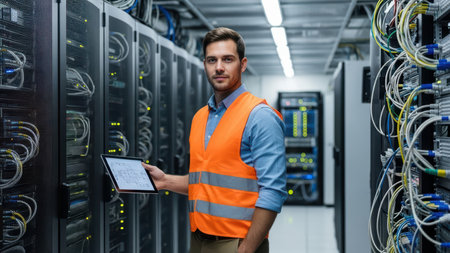 Young caucasian male technician in data center with tablet and safety vest.の素材