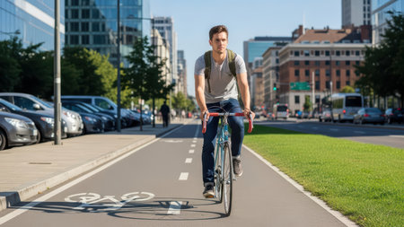 Young caucasian male biking through urban landscape on a sunny day.の素材