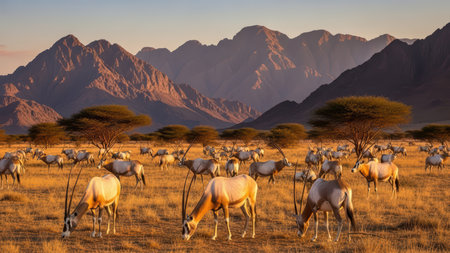 African savanna at sunset: herd of oryx grazing in namibia's scenic landscape.の素材