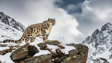 Snow leopard in winter mountain habitat: majestic wildlife in natural environment.の素材