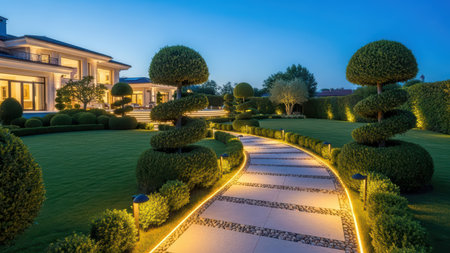 Elegant european mansion with beautifully lit garden pathway at dusk.の素材
