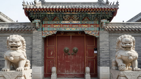 Traditional chinese architecture with stone guardian lions at ancient temple entrance.の素材