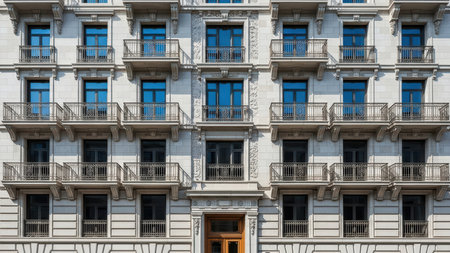 Elegant renaissance architecture facade with symmetrical window design.の素材