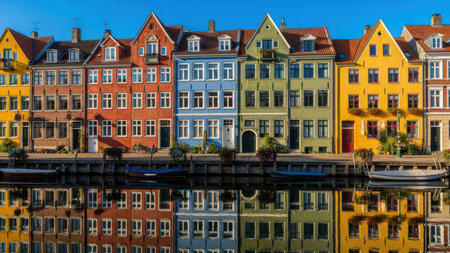 Colorful row of historic scandinavian houses reflected in canal.の素材