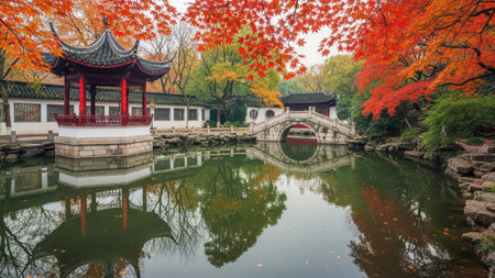 Serene autumn in traditional chinese garden with reflections and colorful foliage.の素材