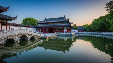 Tranquil evening at a traditional chinese garden with pavilion and bridge.の素材