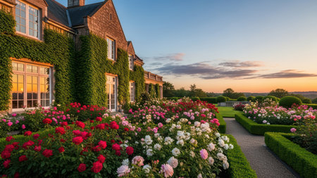 Elegant countryside manor with lush rose garden at sunset.の素材