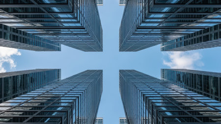 Modern skyscraper architecture symmetry against blue sky.の素材