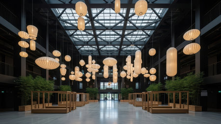 Modern atrium design with suspended lanterns and greenery.の素材