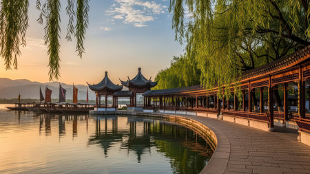 Serene sunrise at traditional chinese pavilion overlooking tranquil lake.の素材