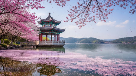 Serene spring day at traditional asian pavilion amidst cherry blossoms by lakeside.の素材