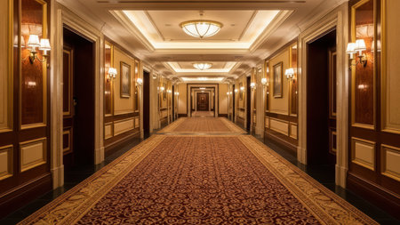 Luxurious hotel corridor with elegant lighting and ornate carpet design.の素材