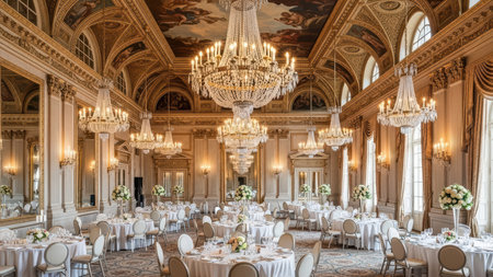 Luxurious baroque ballroom featuring opulent chandeliers and elegant table settings for formal events.の素材