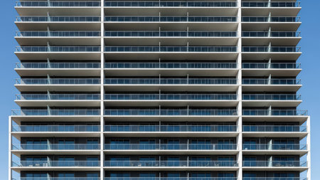 Modern high-rise building with minimalist glass facade against blue sky.の素材