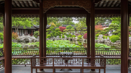 Tranquil view of traditional chinese garden with wooden pavilion architecture.の素材