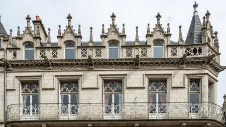 Gothic revival architecture facade of historical building with ornate details.の素材