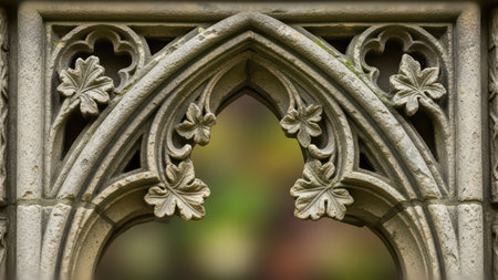 Gothic architectural design with intricate leaf carvings on stone arch.の素材