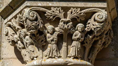 Medieval gothic stone carvings on historic architecture.の素材